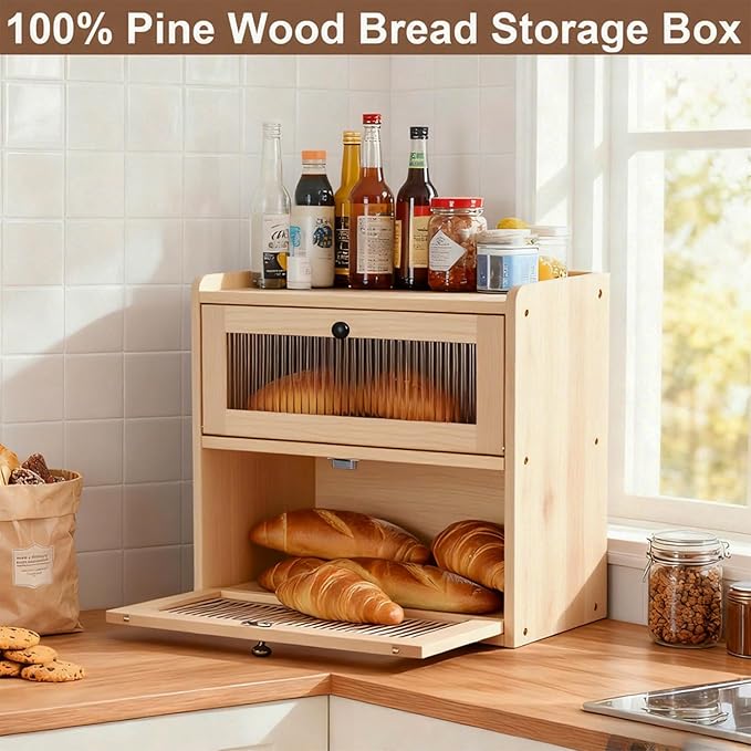 Wooden Bread Box for Kitchen Countertop Large Capacity Corner Bread Box Bread Storage Container with Clear Acrylic Window