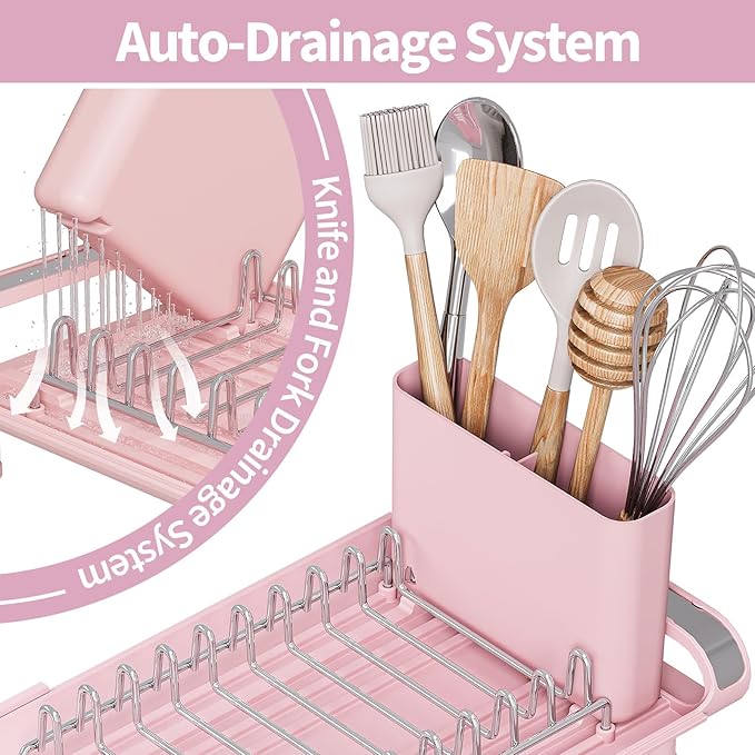 TOOLF Small Dish Drying Rack, Mini Expandable Compact Dish Rack, Slim Extendable Stainless Steel Dish Drainer for Kitchen Plate Storage, Space Saving Dish Strainer in Sink or on Home Countertop, Pink
