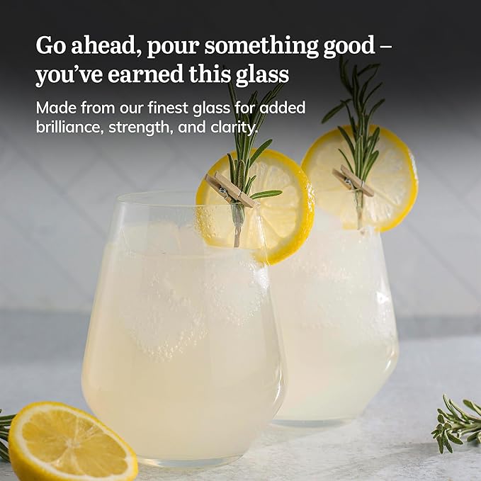 Libbey Signature Greenwich Stemless Wine Glasses, 18-Ounce, Set of 6, Made in USA, Dishwasher Safe, Angular Modern Stemless Glassware, Gift Box