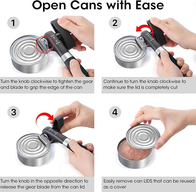 Beneno Can Opener, Manual Side Safe Cut Can Opener Smooth Edge with Durable Sharp Blade, Effort-Saving Knob & Comfortable Non-slip Handle, Green