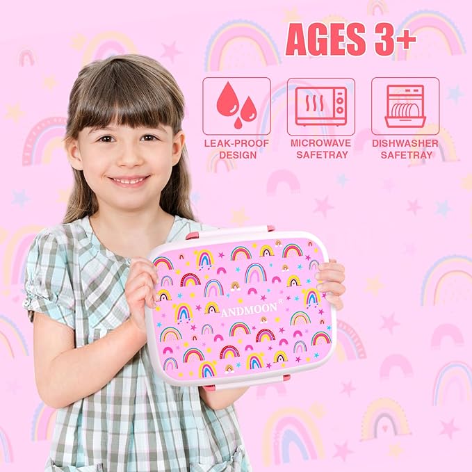 Bento Box for Kids Lunch Box Leak-Proof, Bento Lunch Box with 5 Compartments, Lunch Containers with 3 Silicone Baking Cups, Microwave/Dishwasher Safe (43OZ) (Pink)