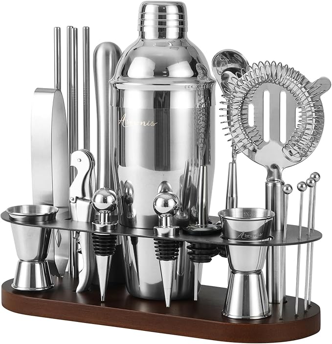 23-Piece Bartender Kit, Cocktail Shaker Set with Stand | Bar Drink Mixer Set with All Essential Bar Tools: Martini Shaker, Jigger, Strainer, Pourers, for Home, Bar, Party (Chocolate-y)