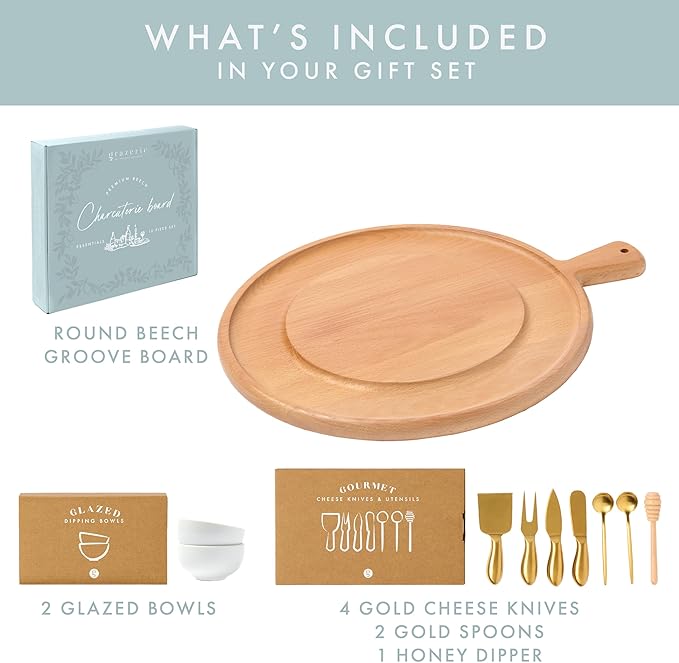 Charcuterie Board Set - Round Solid Wood Cheese Board for Serving with Accessories - House Warming Gifts for New Home, Bridal Shower & Wedding Gift, Birthday Gifts for Women