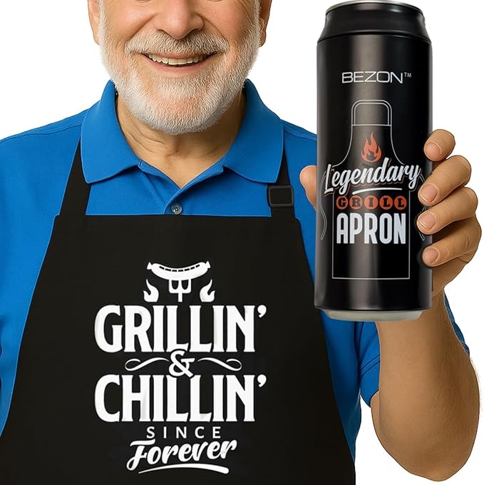 BEZON Funny Grill Apron for Men – Beer Can Gift Packaging – Hilarious BBQ Gift for Dad, Husband, or Friend – Heavy-Duty Water-Resistant Canvas – Grillin’ & Chillin’ Since Forever