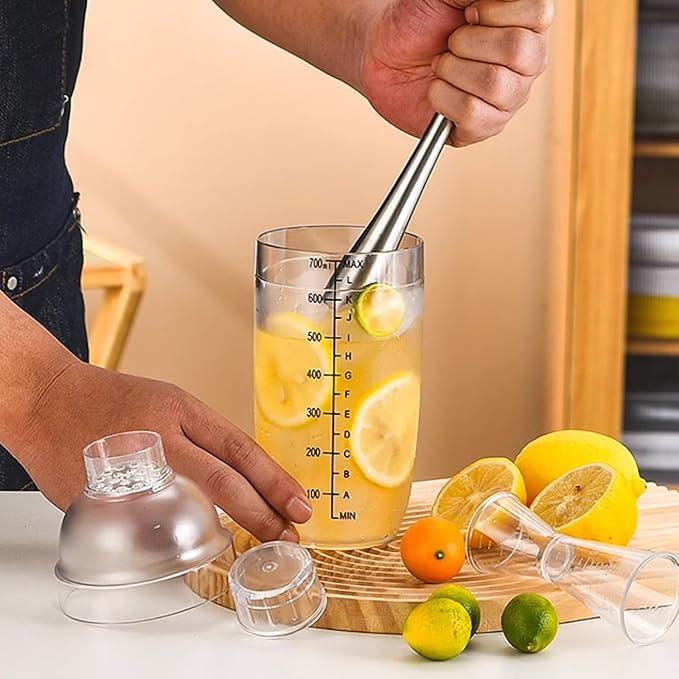 12 Pcs Plastic Cocktail Shaker with Scales and Strainer Top, Clear Drink Mixer Cup with Measurements for Tea, Coffee, Boba, and Milk, with 6 Cocktail Measuring Jiggers(700 Cc/ 24 oz)