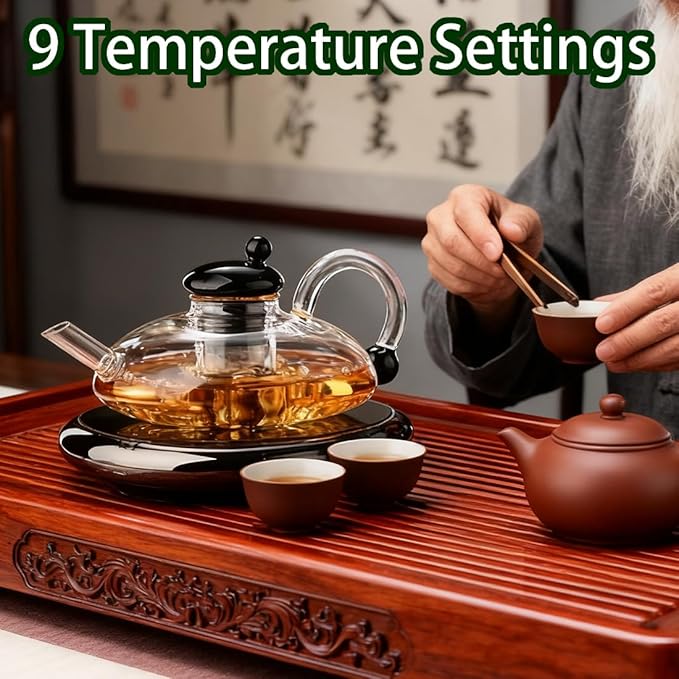 Electric Glass Teapot with Warmer - 20 Oz Glass Electric Tea Kettle with Infuser, 9-Temperature | 1000w Heating Ceramic Stove, TeaPot Set with Infuser for Loos Tea & Coffee (B with 4 Cups)
