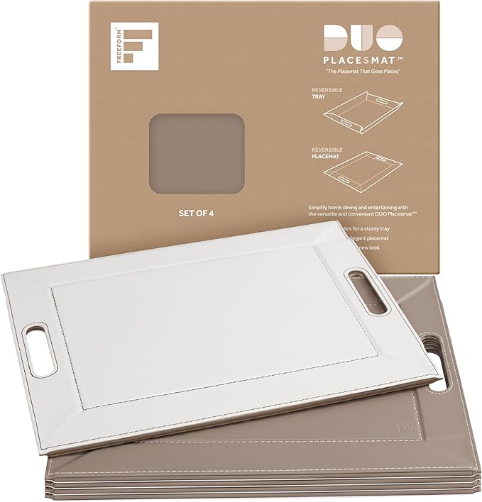 PLACEsMAT 2-in-1 Faux Leather Placemat & Serving Tray | Reversible Design, Lays Flat & Easy to Clean | Ottoman Food Tray, Perfect Housewarming Gift, 18” x 14” (Taupe & White, Set of 4)