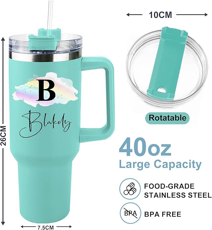 ThermoThrill Ships Next Day, Personalized 40 Oz Tumbler with Handle and Straw Custom Tumbler with Text Stainless Steel Mug Birthday Gifts for Women