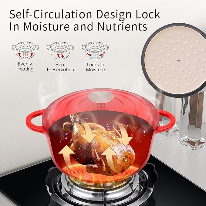 6 Quart Enameled Cast Iron Dutch Oven Pot with Lid and Silicone Accessories, Oven Safe up to 500°F or on Stovetop, Non-stick Dutch Oven for Bread Baking, Cooking, Dual Handles Cookware, Red