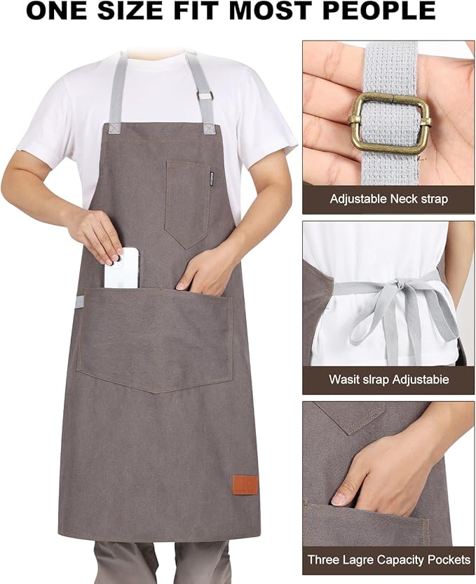 Womens Apron With Pockets Adjustable Shoulder Strap,Apron For Men 38.5" Extra-Long Straps Fit More Body Types,Chef Apron For Kitchen Garden Barbecue Woodworking