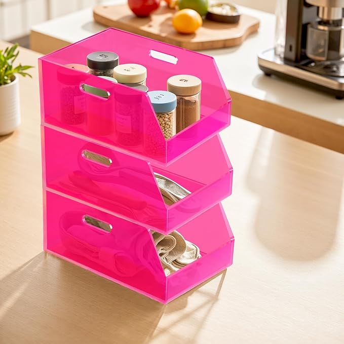 Gelite Stackable Large Storage Bin Organizer with Handles Acrylic Storage Container for Toy Pantry Kitchen Cabinet Bathroom Closet Office Organization, 15.4x11.4x6.7'', Neon Pink