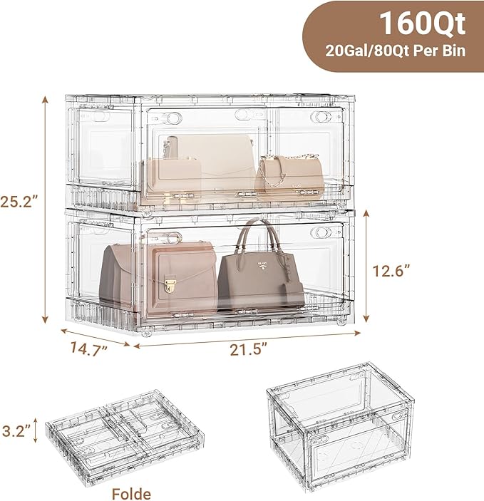 BROVIEW 160Qt Stackable Storage Bins with Lids Wheels, Crystal Clear Shiny Storage Cabinet Plastic Drawer Foldable Closet Organizers Display Box with Front & Back Doors, for Home Office Garage,2Pack