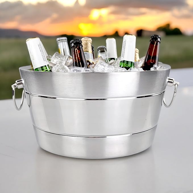 BREKX Stainless Steel Beverage Tub and Ice Bucket with Lid and Scoop Party Combo Set, Silver Double-Walled Insulated Barware Set