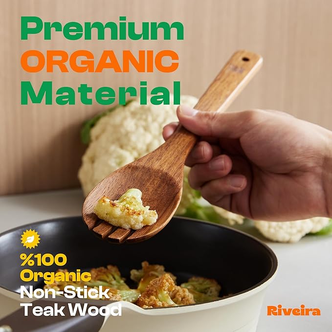 Riveira Teak Wooden Cooking Utensils Set of 9 Premium Quality Non-Toxic Wooden Spoons & Spatulas for Cooking, Stirring, Flipping & Serving