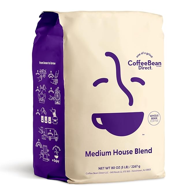 Coffee Bean Direct Medium House Blend, Whole Bean Coffee, Medium Roast, 5 Pound Bag (Pack of 1)