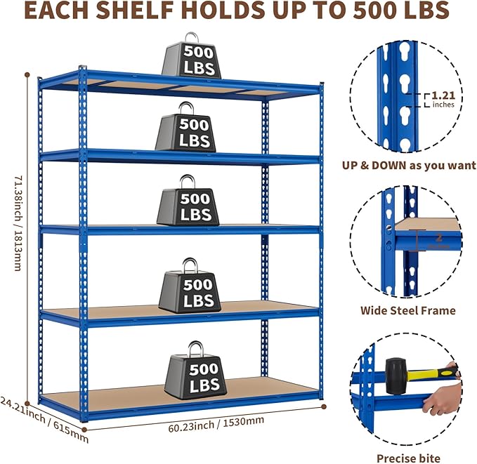GarveeHome 5 Tiers Garage Storage Shelves, 2500LBS Capacity Metal Shelving Unit for Garage, Industrial, Warehouse, Kitchen, Closet, 60" W x 24" D x 71" H, Blue