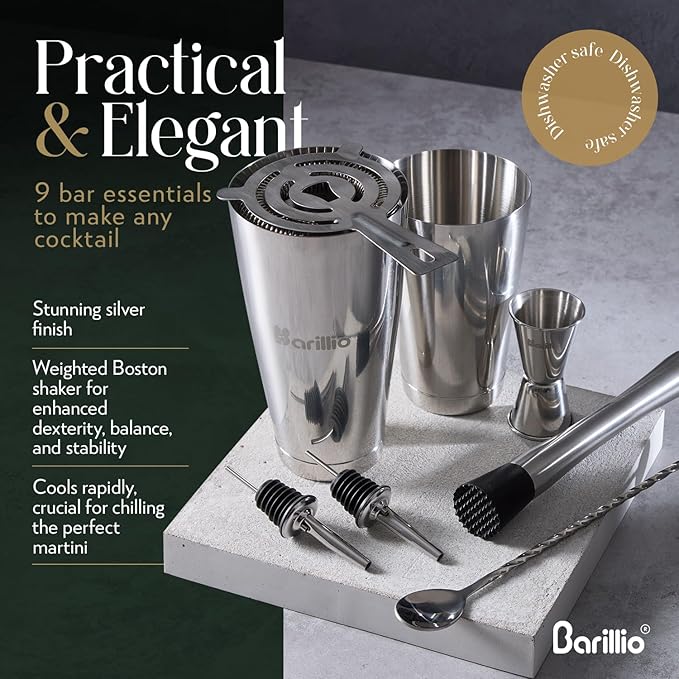 Barillio Boston Shaker Set - Stainless-Steel, Weighted, Martini Cocktail Shaker Set w/Strainer & Mixer - Mixology Bartender Kit - Bar Set for The Home - 9-pc Drink Shaker Set - Bar Tools - Silver