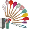 Kitchen Utensils Set of 12, Silicone Cooking Utensils with Non-Slip Wooden Handle and Organizer Bucket, 446°F Heat Resistant Cookware Utensils Set (Assorted Colors-Upgraded)