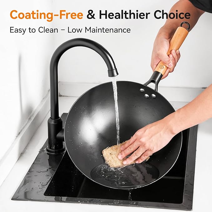 12.6" Carbon Steel Wok Pan, Flat Bottom Stir Fry Pan with Wooden Handle, Traditional Chinese Iron Cookware, Compatible with Gas, Electric & Induction Cooktops