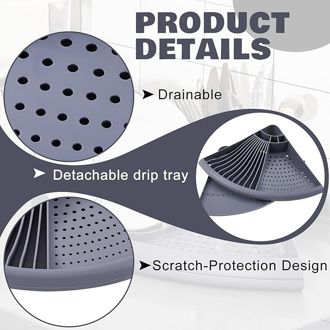 2 Pack Gray Corner Dish Racks Organizer Triangular Sink Counter Drying Rack Plastic Corner Dish Utensil Holder for Plates Bowls Utensils Knives Space Saving Kitchen, 13.7 × 13.7 inch