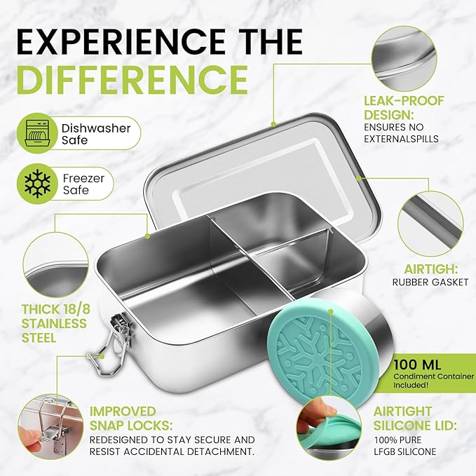 Stainless Steel Bento Lunch Box 1500ML,3 Compartment Metal Bento Lunch Boxes with 100ml Leak-proof Condiment Container,Metal Food Storage for Work Adults