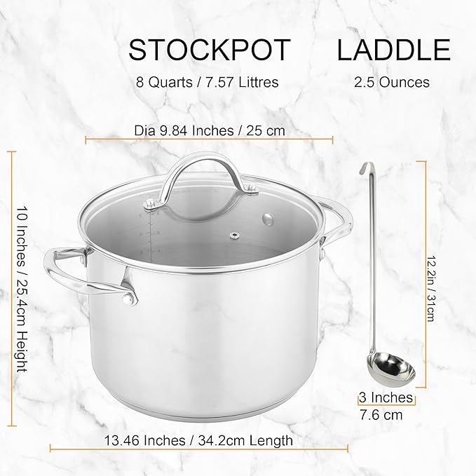 GreatChef Stock Pot Stainless Steel for Cooking Riveted Handle, Heavy Duty Vessel,Induction Compatible All Cooktops in Use, Dishwasher & Oven Safe (8 Quart + Laddle))