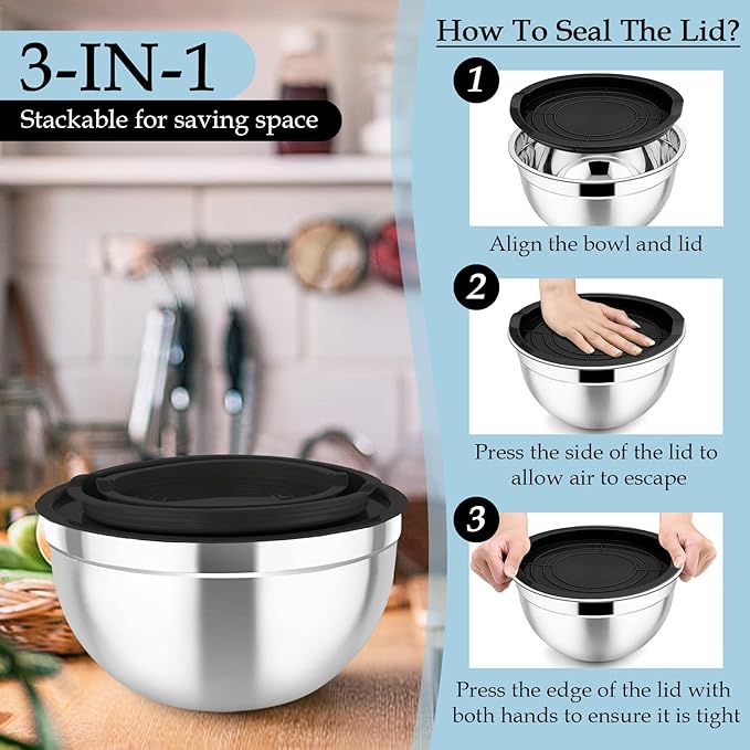 TeamFar Mixing Bowls, Stainless Steel Nesting Salad Bowls with Lids Set of 3 & 3 Grater Attachments, For Mixing/Serving/Storing, Non-toxic & Long-lasting, Size 4.6/3 / 1.5 QT, Black