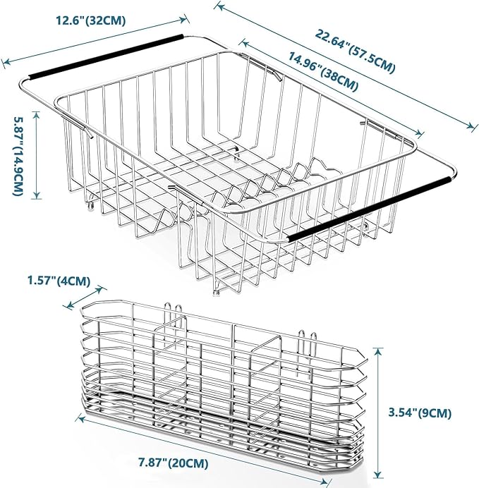 Large Dish Drying Rack in Sink Expandable, Adjustable304 Stainless Steel Metal Dish DrainerRack Organizer with Stainless Steel Utensil Holder Over Inside Sink Counter, Rustproof