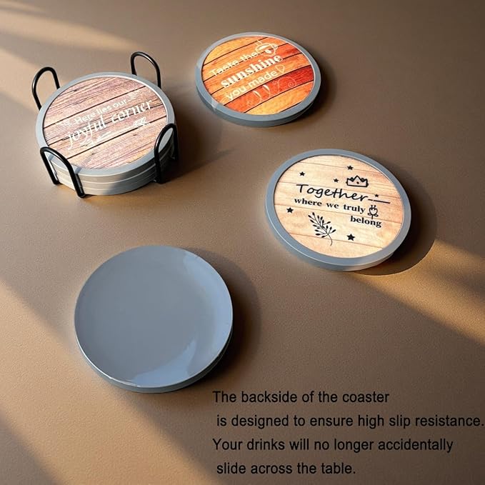 Absorbent Coasters for Drinks with Holder, Set of 6 Farmhouse Coasters, Silicone Coaster with Soft Felt Insert, Round, Housewarming Gifts