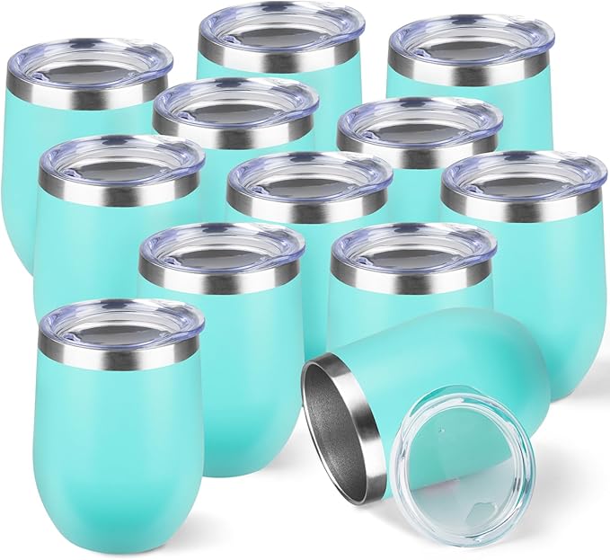 StarSpeed 12oz/12 Pack Wine Tumbler with lid, Stainless Steel Travel Mugs Stemless Double Wall Insulated Coffee Cup, Insulated Wine Glasses Travel Tumbler for Cold & Hot Drinks(Light Green)