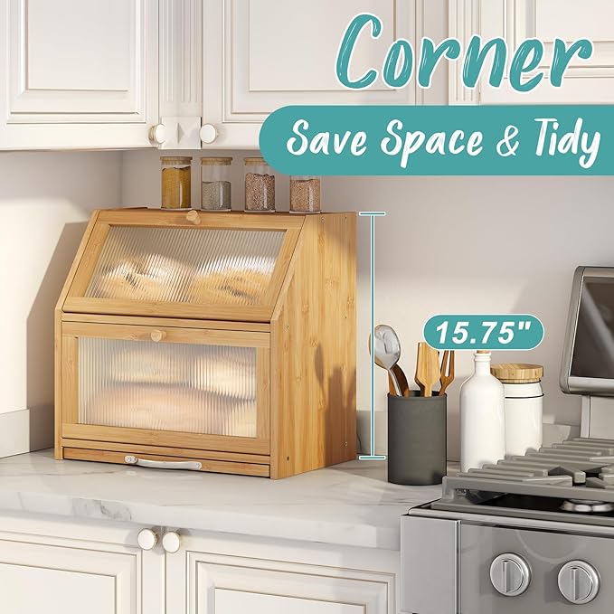 Extra Large Bread Box with Cutting Board Bamboo Wood Bread Box for Kitchen Counter, Double Layer Large Capacity Bread Storage Bin with Acrylic Wavy Door Panel (Natural)
