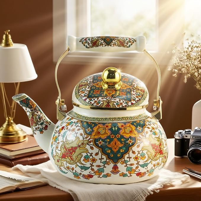Vintage Enamel Tea Kettle with Porcelain Handle, 2.5L Stovetop Teapot - Non-Toxic, Rust-Resistant, Heat-Resistant, Hot Water Coffee Teapot for Kitchen Decor Christmas Gift