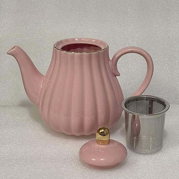 YBK Tech Strengthen Porcelain Teapot, 31oz Coffee Pot Ceramic Teapot- Stripe Design (Pink)