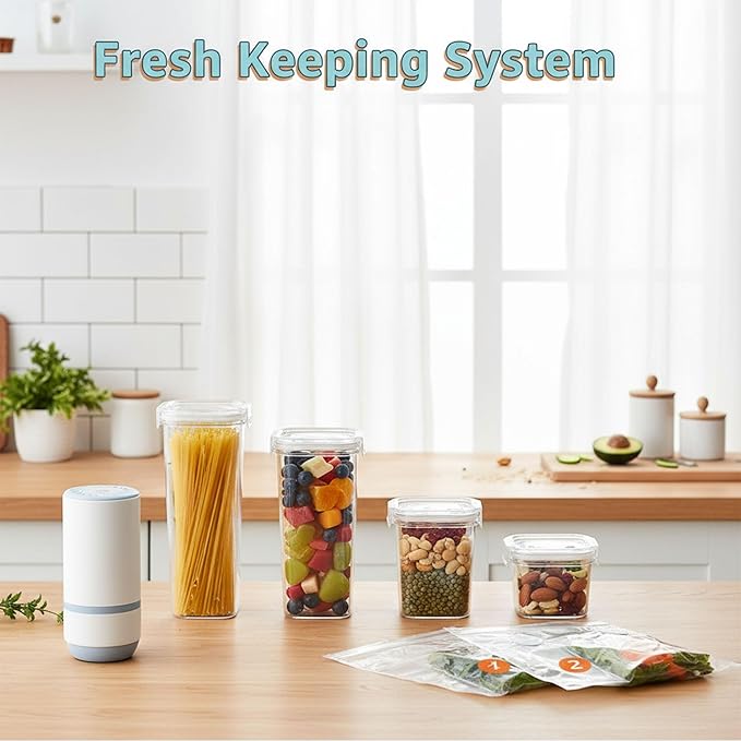 Vacuum Container,Vacuum Seal Containers,4pcs Airtight Food Storage Containers with Lids,8pcs Food Vacuum Bags/ 1pc Automatic Pump,for Kitchen and Pantry Organization (Rectangula)