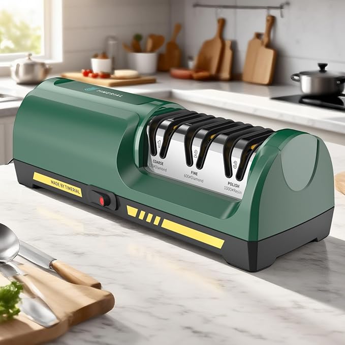 Electric Knife Sharpener 3 Stage Diamond Abrasives Disc 15° Precision Angle Guide, for Sharpening and Polishing Steel Kitchen Knives or Ceramic Knives,120 Grit and 600 Grit and 1000 Grit