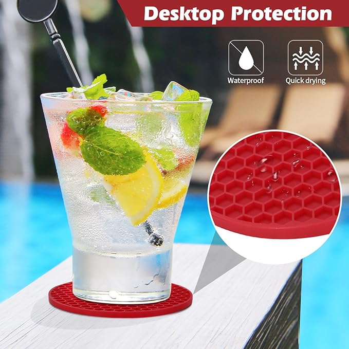 Silicone Coaster Set of 12 with Holder, Drinks Coasters, Beer & Coffee, Suitable for All Cups, Hot or Cold, Anti-Slip, Non-Stick, Anti-Overflow Tabletop Protection and Decor (12 Pcs, Wine Red)