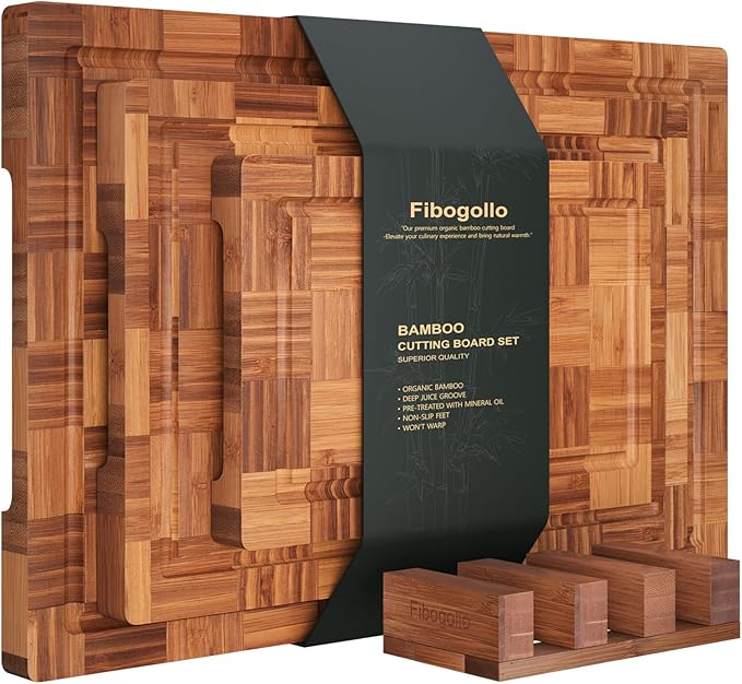 Bamboo Cutting Boards for Kitchen,Chopping Boards Set with Juice Groove,End Grain Bamboo Butcher Block,Serving Board with Holder(3 Pcs)