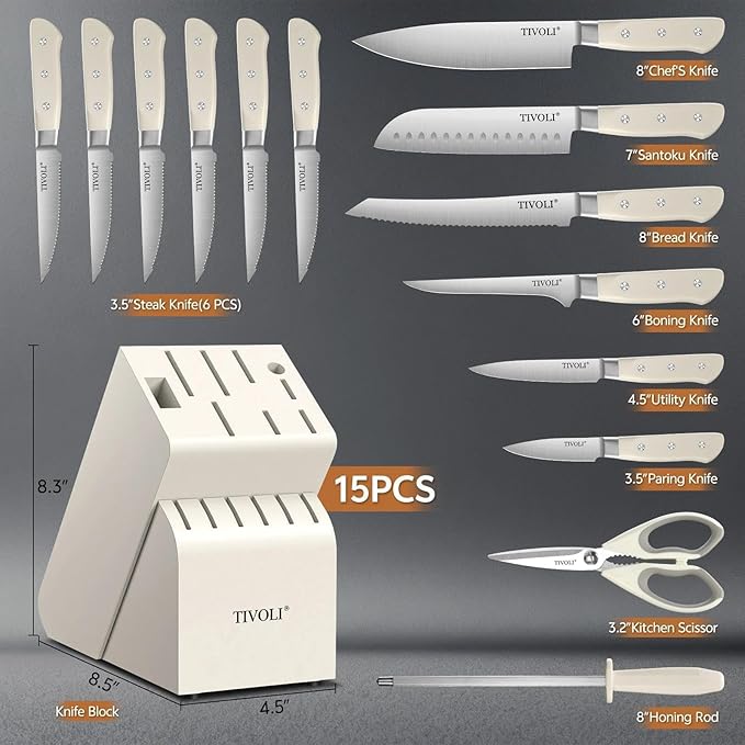 TIVOLI Knife Block Set, 15 PCS Kitchen Knife Set with Block & Sharpener Steel & Kitchen Scissor, High Carbon Stainless Steel Cutlery Knife Set, Ergonomic Wood Handle, Gifts For Cooks, Cream White