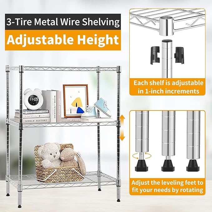 3 Tier Shelf Adjustable Wire Shelving Unit Metal Shelves with Leveling Feet Storage Rack for Kitchen Bathroom Utility Shelf Space Saving, 450lbs Capacity, 13"x23"x30"H, Chrome
