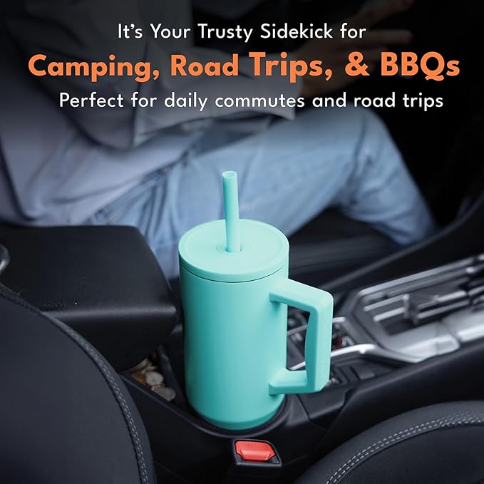 Elemental 40oz Tumbler with Handle and Straw - Spill Proof Insulated Stainless Steel Commuter for Hot & Cold Beverages - Travel Coffee Mug with 2 Straws & Spill Proof Lid - 40 oz - Robin's Egg