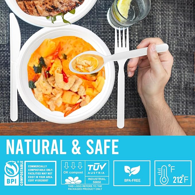 Compostable Eating Utensils, 250 Ct 7" Large Disposable Biodegradable Forks Spoons Knives Cutlery Set, Eco Friendly Heat Resistant Flatware Alternative to Plastic Silverware, BPI Certified