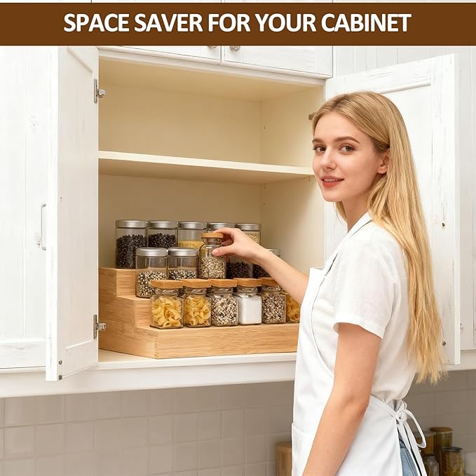 3 Tier Bamboo Spice Rack Organizer for Cabinet or Pantry, 2 Pack Wooden Spice Steps Riser for Spice Jars, Cans, and Bottles