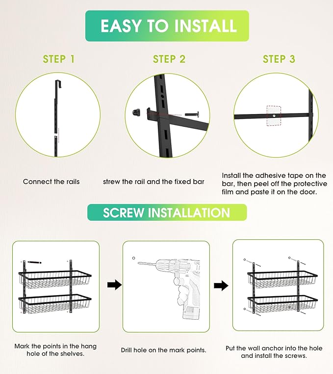 White 9-Tier Over The Door Pantry Organizer, Pantry Organization and Storage, Deep Baskets Hanging Heavy-Duty Metal, Wall Spice Rack Seasoning Shelves for Home & Kitchen, Laundry Room Bathroom