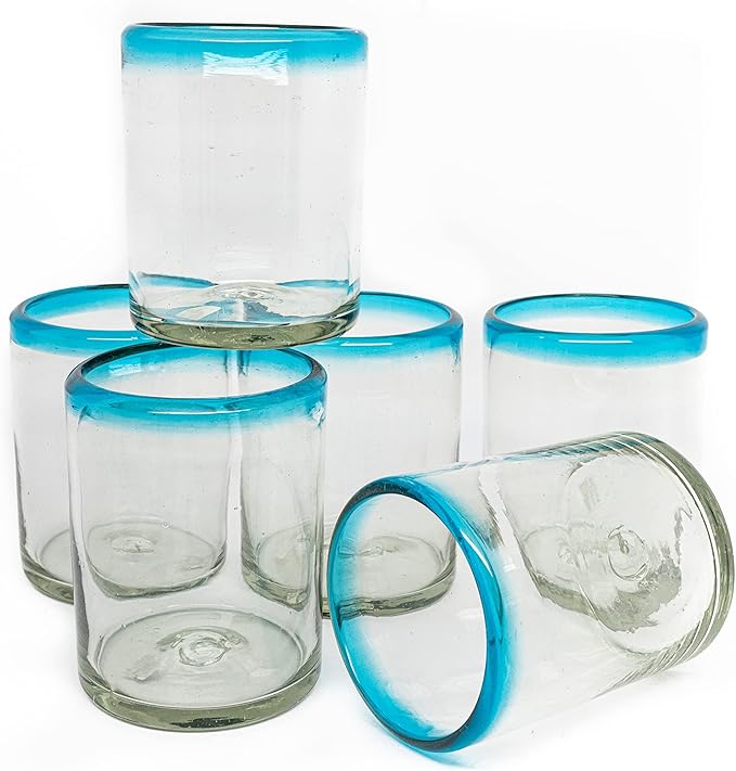 Set of 6 Hand-Blown Tumbler (10 oz) Glasses from Mexico with Aquamarina Rim - Rustic & Handcrafted Recycled Bubble Glass Drinking Glassware