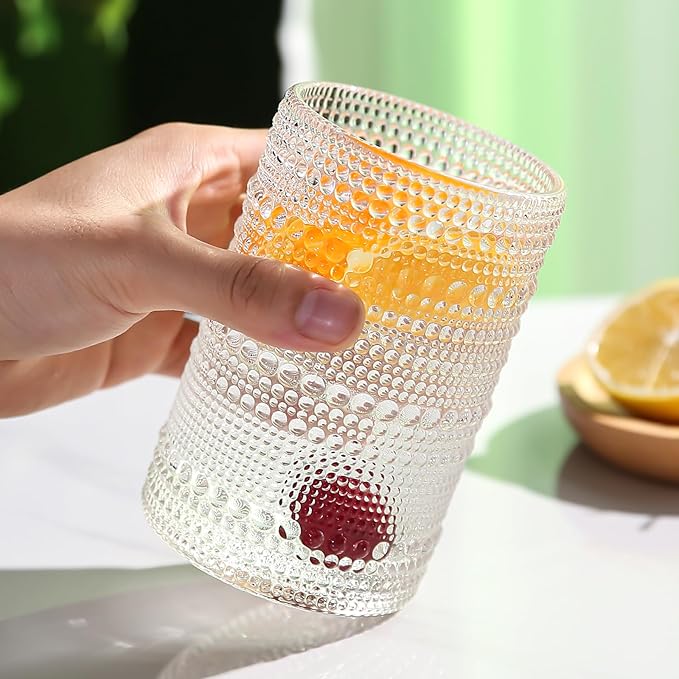 15oz Hobnail Drinking Glasses Set of 6,Clear Vintage Glassware Embossed Water Tumbler,Cocktail Glass Cups for Beer,Whiskey,Juice and Various Mixed Drinks