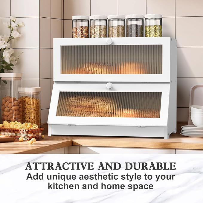 Bread Box for Kitchen Countertop: 2-Tier Bamboo Large Bread Storage Container,White