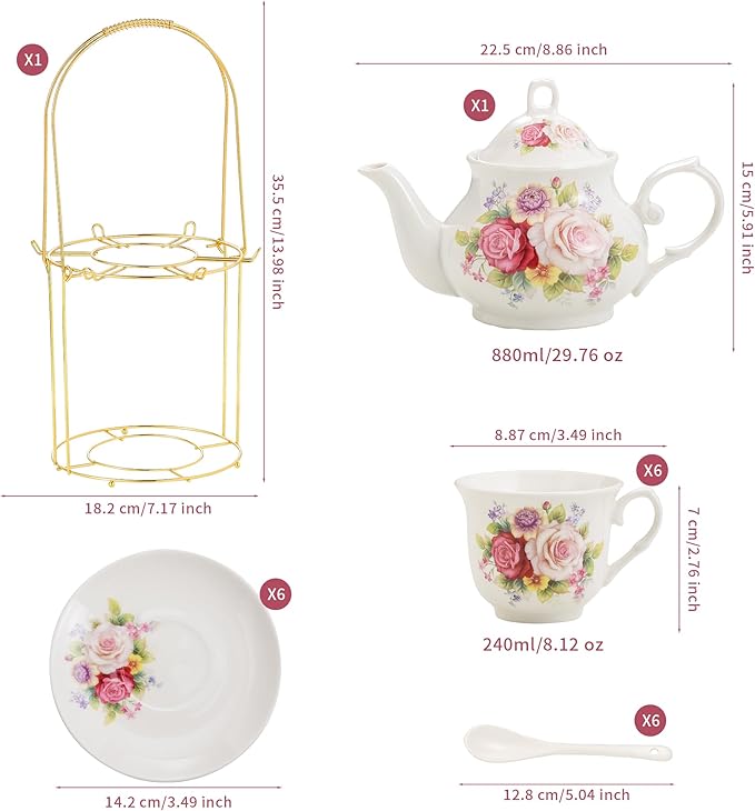 20-Pieces Porcelain Bone china Tea Sets,Gold Rim Coffee Set with Golden Metal Rack,Tea Gift Sets for Home&Party (008)