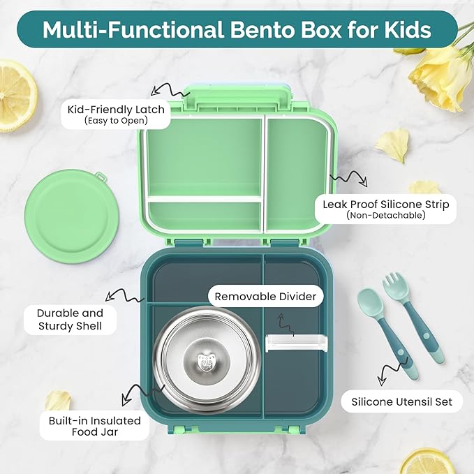 Bento Box for Kids with Soup Thermos(9oz)– Kid Bento Lunch Box with Leak Proof Insulated Food Jar, Hot & Cold Lunch Container Set for School Girls Boys, 4-Compartments, Dishwasher Safe, Green
