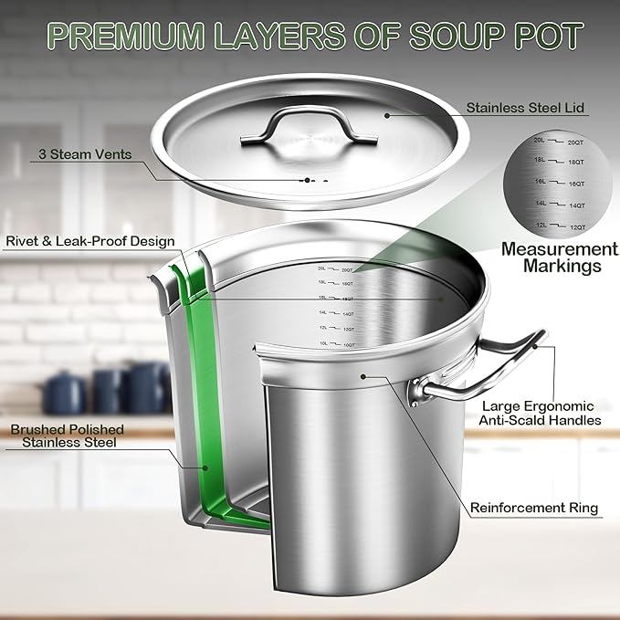 Stainless Steel Stock Pot，20QT Large Stock Pot with Lid for Boiling Cooking Soup Stew Canning, Heavy Duty Tri-Ply Bottom for Boiling Cooking Soup Stew Canning Cooking Pots, Cookware Sauce Pots
