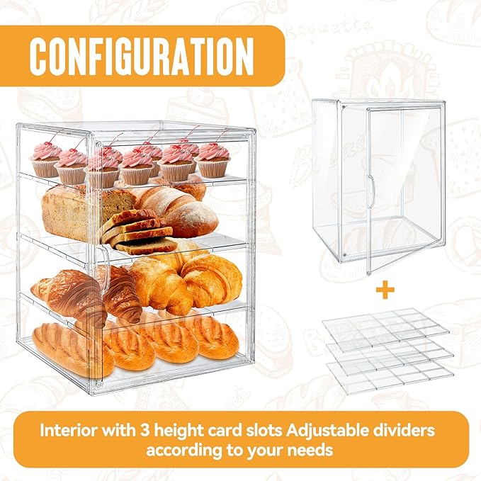 15.5 x 11.4 x 9.8 Inch 4-Tier-Party Display Case, Bakery Display Case Countertop,Adjustable Clear Bread Storage with Magnetic Door Bakery Pastry Display, Cookies and Donuts
